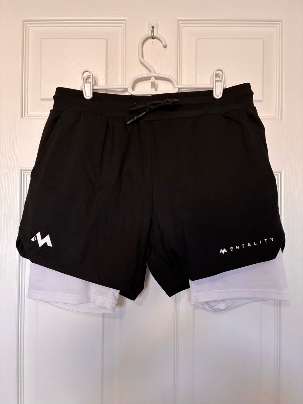 Mentality Men's 2 in 1 Lined Athletic Gym Compression Shorts Black, White Sz L